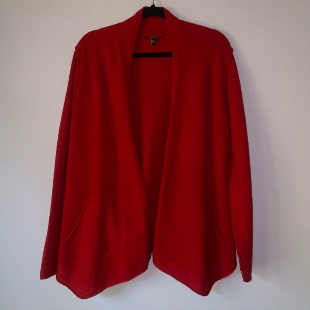 Eileen Fisher Wool Cardigan Women M Asymmetrical Open Front Knit Sweater Red